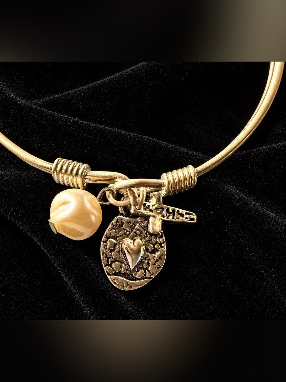 Silver Bracelet with Cross, Heart, and Pearl Charms